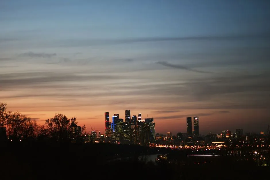 Silhouette einer Stadtskyline mit beleuchteten Wolkenkratzern über einem Fluss in der Abenddämmerung, im Vordergrund dunkle Bäume