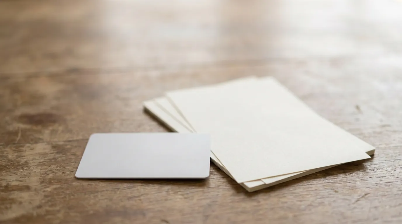A simple debit card and a small stack of invoices resting on a desk, no readable numbers or names visible