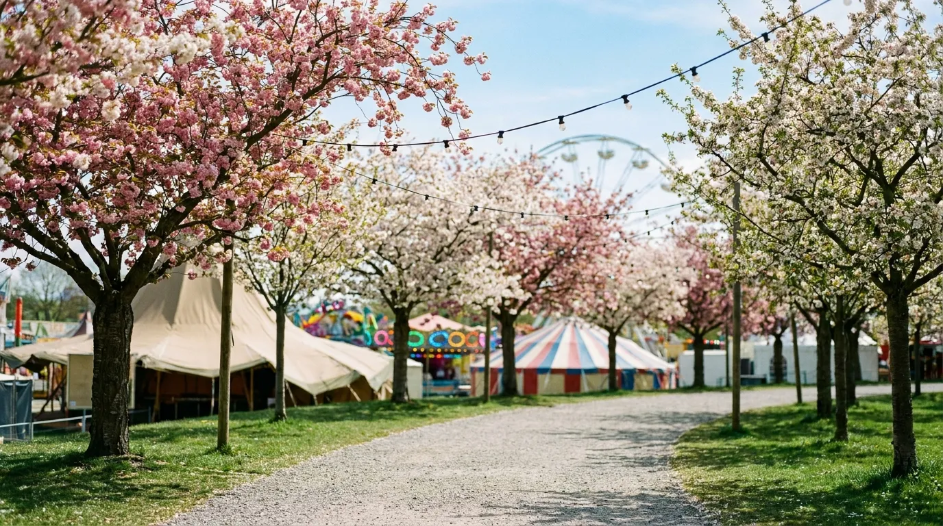 Ein leerer Kirmesweg im Frühling, gesäumt von blühenden Kirschbäumen, bunten Fahrgeschäft-Lichtern und einem verschwommenen Riesenrad im Hintergrund, keine Personen oder lesbaren Schilder zu erkennen
