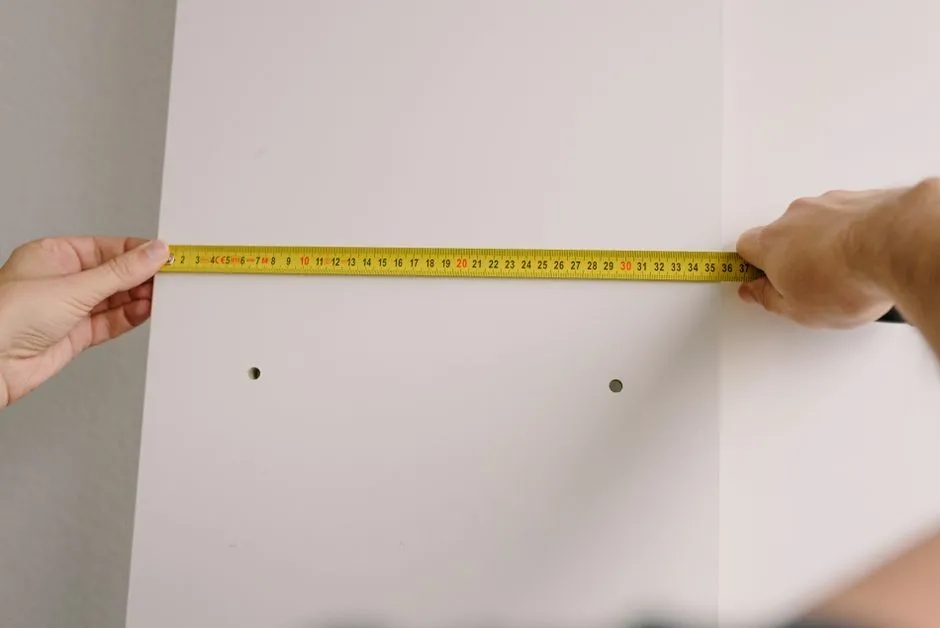 Zwei Hände halten ein gelbes Maßband zwischen zwei bestehenden Bohrlöchern an einer weißen Wand, um den Abstand vor dem Aufhängen von etwas Neuem zu prüfen
