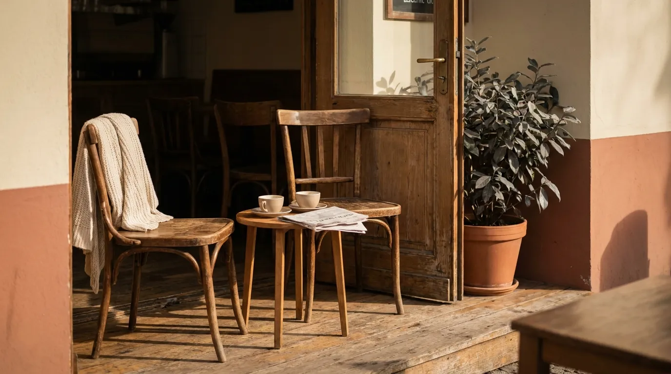 A warm, sunlit doorway with two wooden chairs angled toward each other and a small side table between them, an inviting entryway scene suggesting a greeting about to happen
