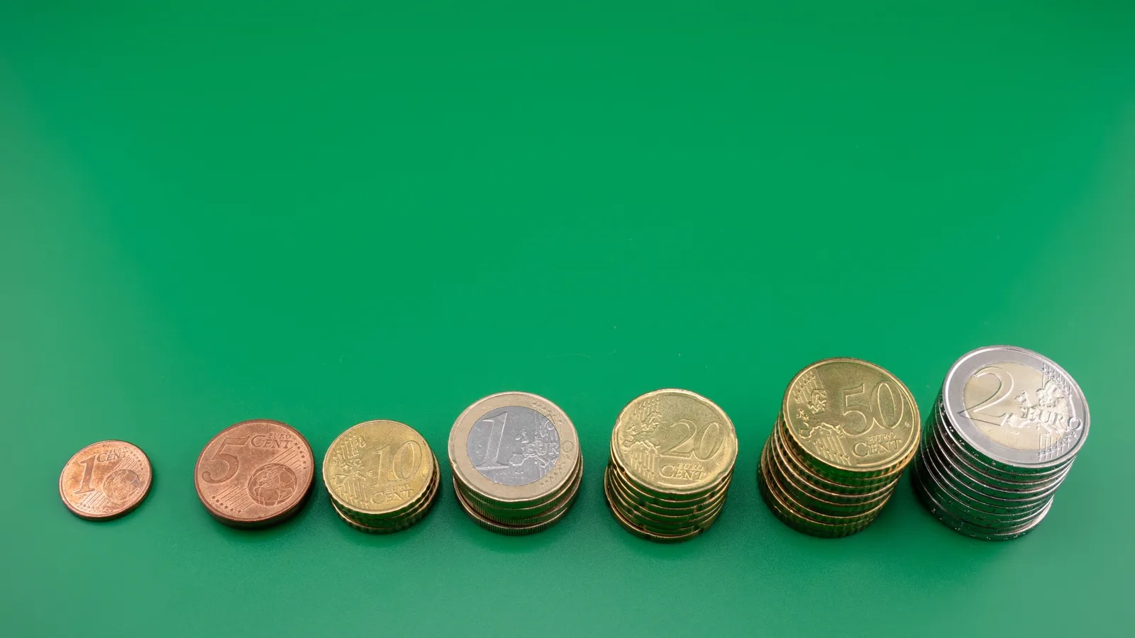 Euro coins of every denomination, from one cent to two euros, arranged in ascending stacks against a plain green background