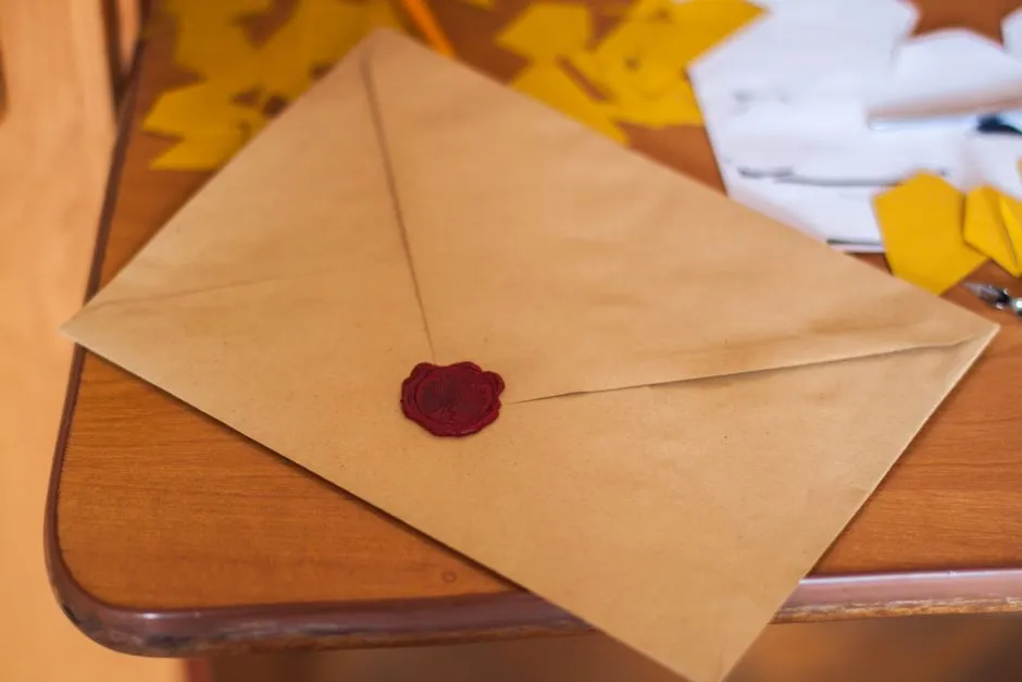 Un sobre sellado de papel kraft con un sello de lacre rojo reposando sobre una mesa de madera