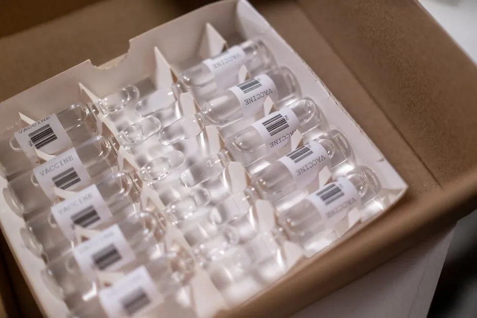 Barkodlu, VACCINE etiketli küçük cam flakonların karton bölmelerde dik durduğu bir kutu, kimse görünmüyor