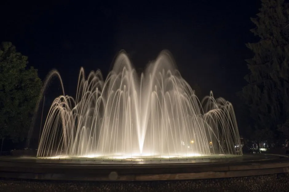 A large illuminated fountain arcing dozens of lit water jets against a dark night sky in a park, tree silhouettes on either side, no people visible in the frame