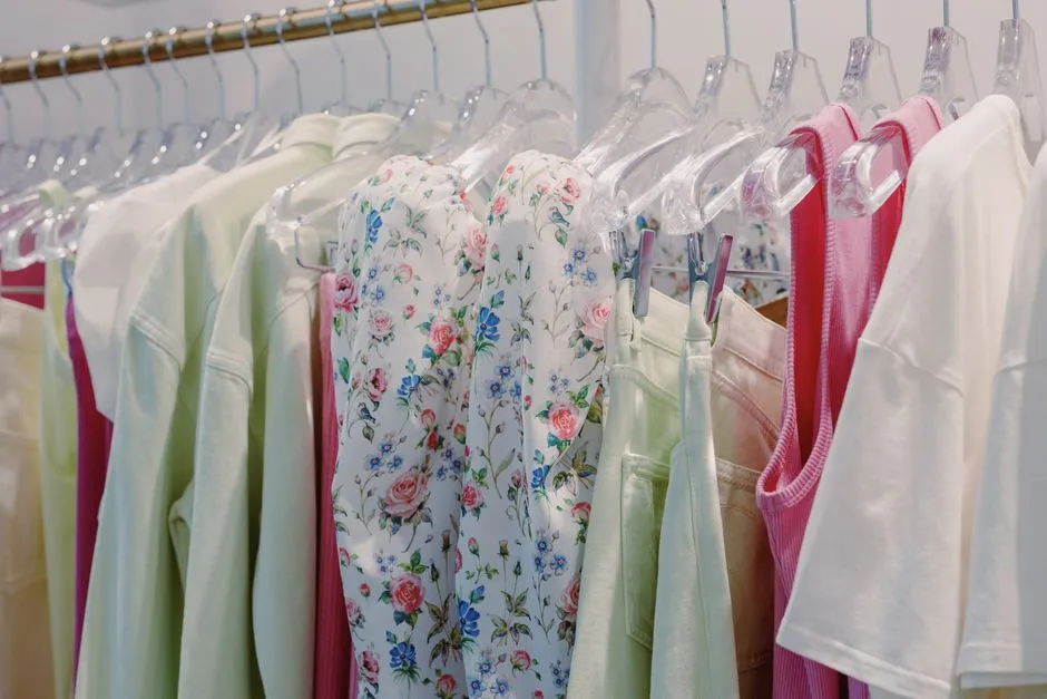 Eine Kleiderstange mit pastellfarbener gebrauchter Kinderkleidung, darunter ein Oberteil mit Blumenmuster, keine Gesichter oder lesbare Markennamen sichtbar