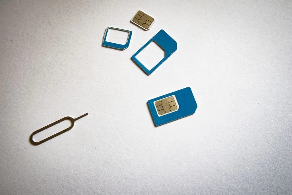 Несколько цветных SIM-карт разных размеров с выштампованными адаптерами и иглой для извлечения SIM-карты, разложенные на ровной белой поверхности