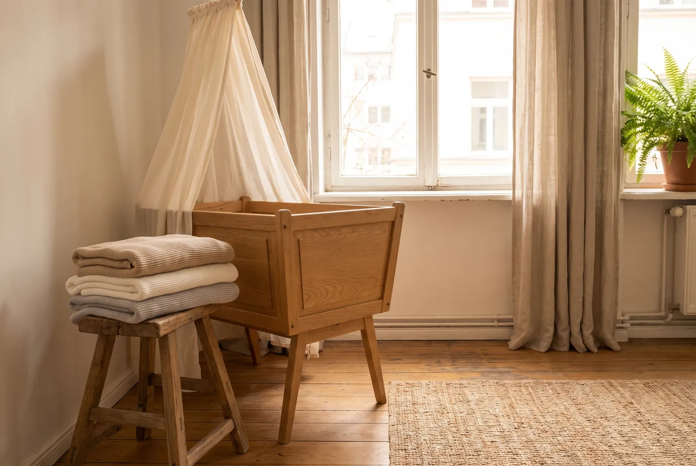 Eine ruhige Kinderzimmerecke in einer Münchner Wohnung mit Babybett und gefalteten Babydecken, keine Personen oder lesbaren Texte sichtbar