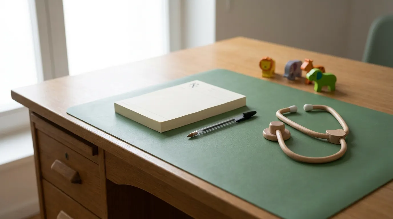El escritorio de una consulta pediátrica con un talonario de recetas en blanco y un bolígrafo
