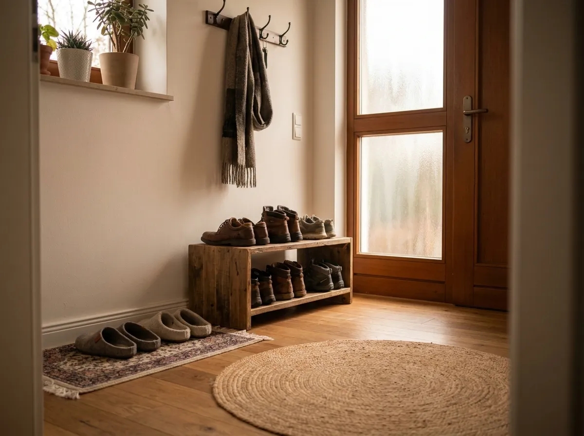 Ein aufgeräumter Eingangsbereich in einer deutschen Wohnung mit einem hölzernen Schuhregal, ordentlich aufgereihten Straßenschuhen und einem Paar weicher Hausschuhe auf einer kleinen Matte neben der Wohnungstür