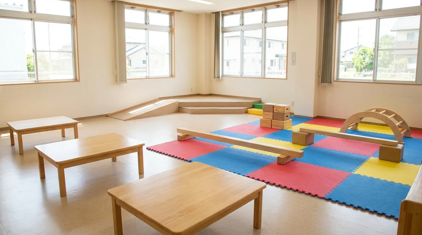 A bright, accessible activity room with low tables, colorful mats, and simple play equipment, no children present
