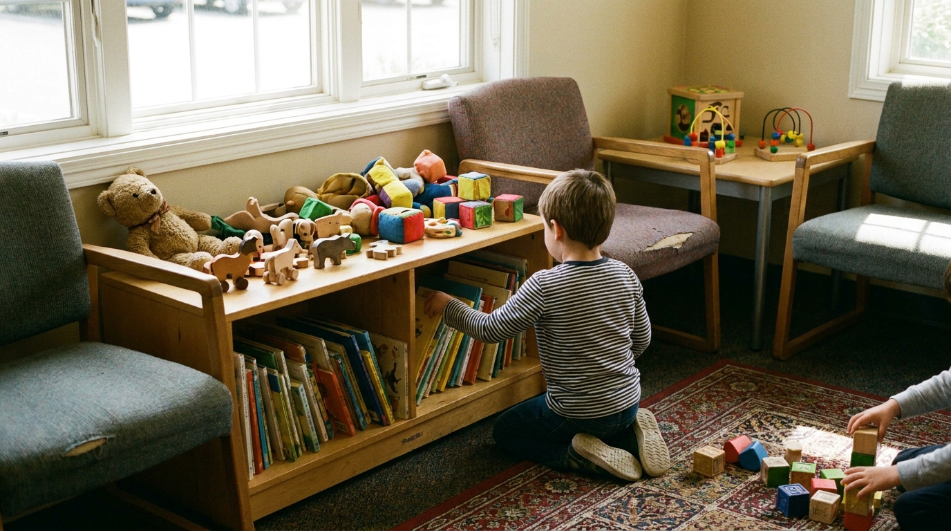 A pediatric waiting room with children's books and toys arranged on a low shelf