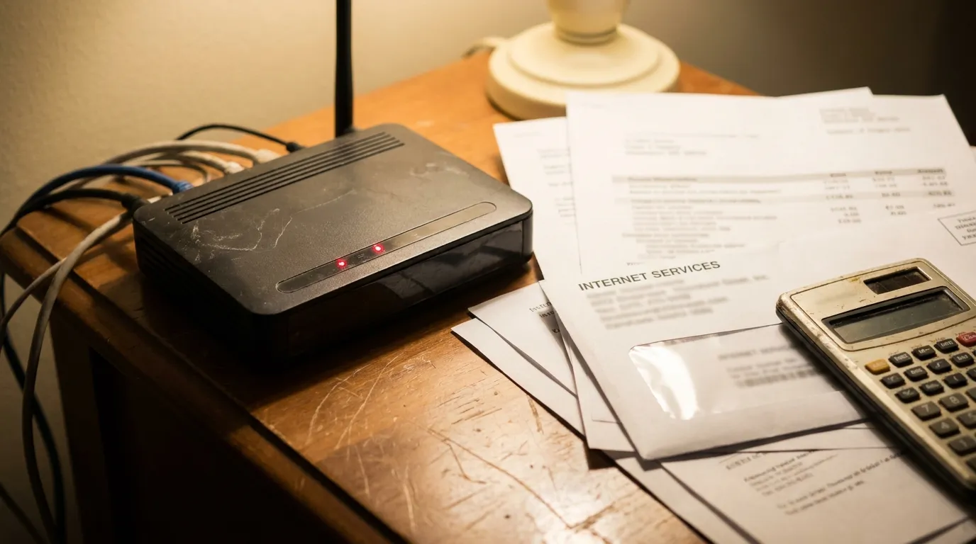 Ein Router mit rotem Fehlerlicht neben einer Internetrechnung und einem Taschenrechner auf einem Schreibtisch