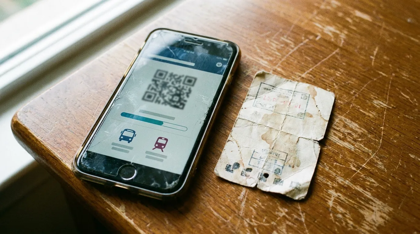 هاتف ذكي يعرض تطبيق اشتراك نقل بجانب بطاقة نقل شهرية ورقية قديمة