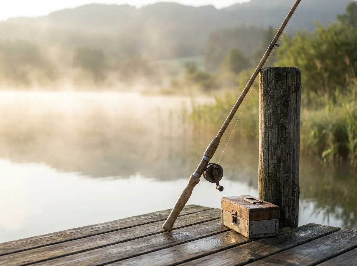 Eine Angelrute lehnt im frühen Morgenlicht an einem Holzsteg an einem ruhigen bayerischen See