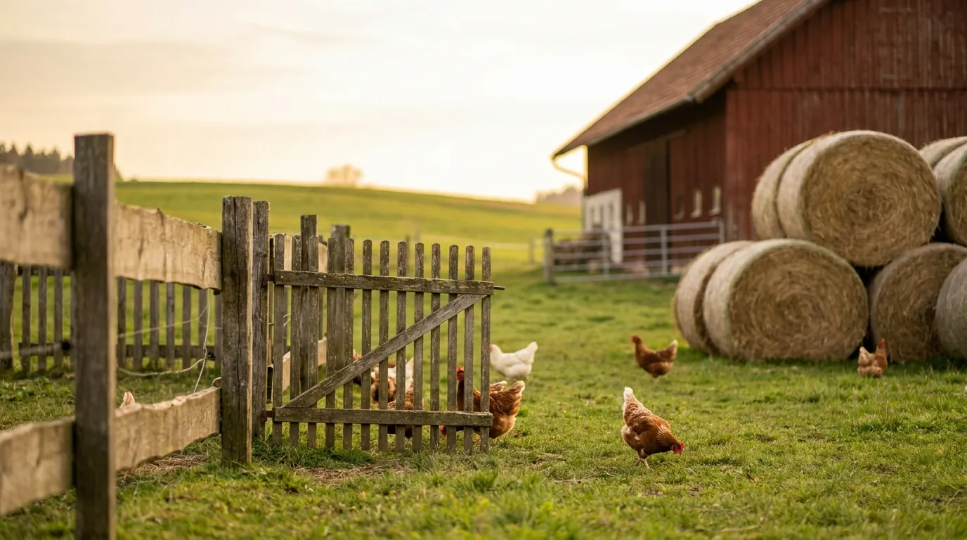 Una valla rústica de madera de granja con balas de heno redondas en primer plano, gallinas de corral libre en un pasto verde, y un granero de madera roja en el fondo suavemente desenfocado bajo la luz del día