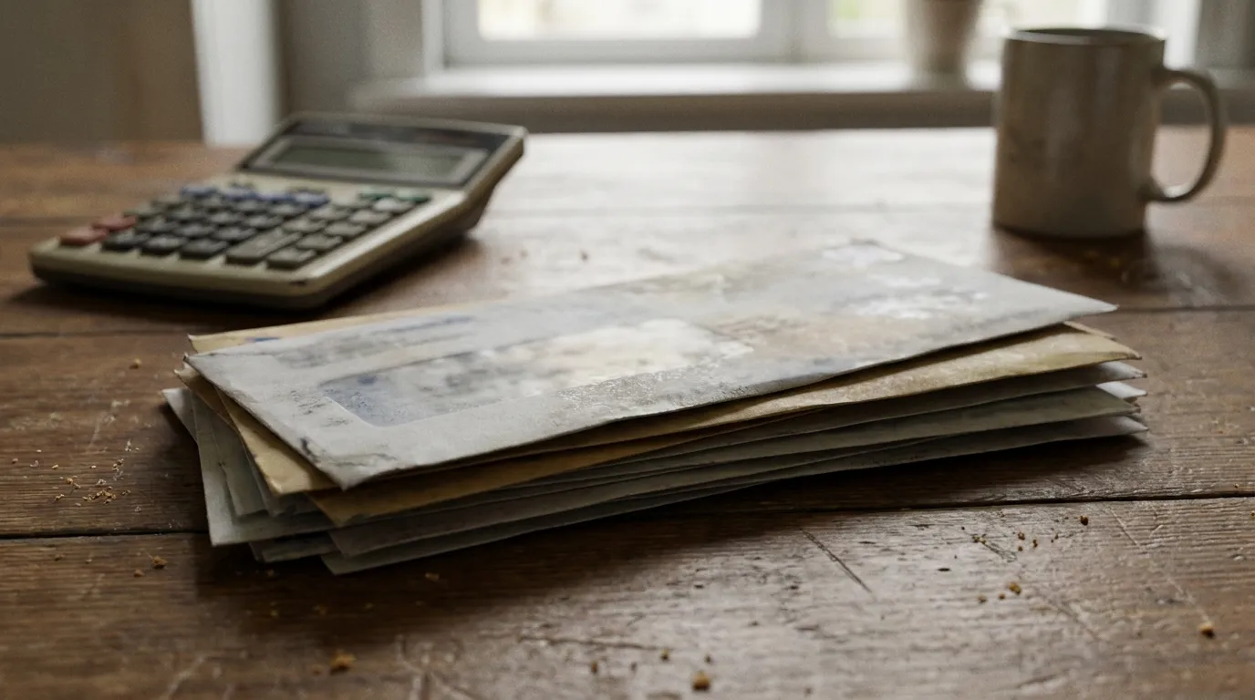Una pila de sobres de aspecto oficial y una calculadora sobre una mesa de cocina, sin texto legible visible