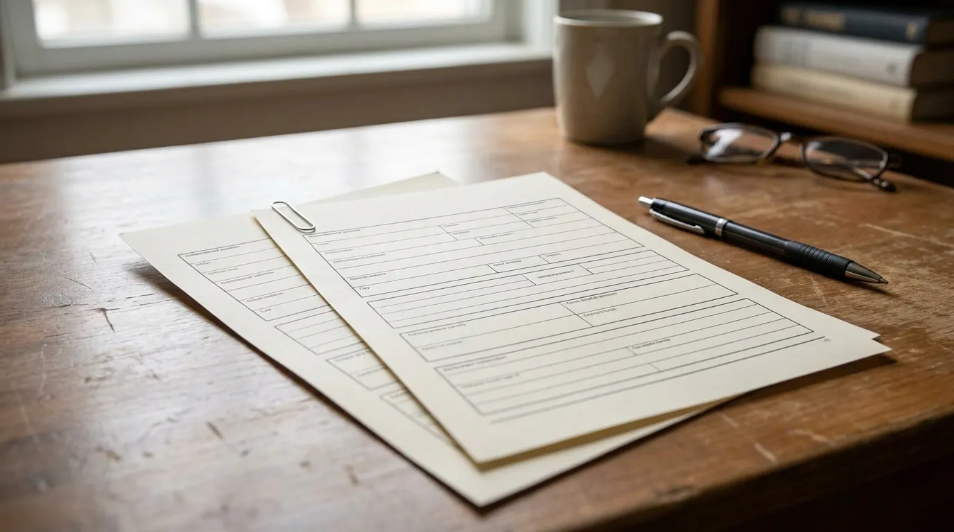 A stack of two separate government benefit application forms with a paperclip and pen