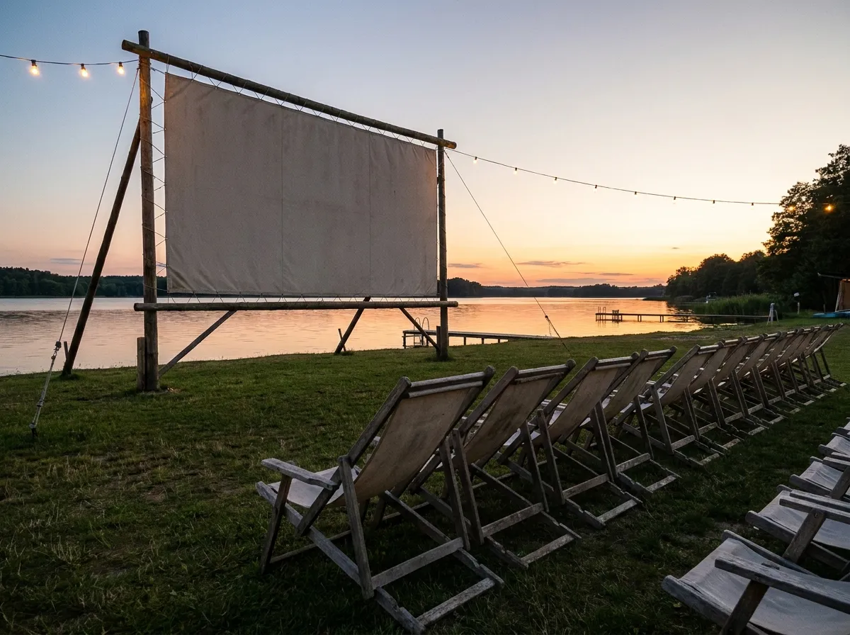 A row of empty deckchairs facing a large open-air cinema screen at dusk beside a calm lake, no people or readable text visible