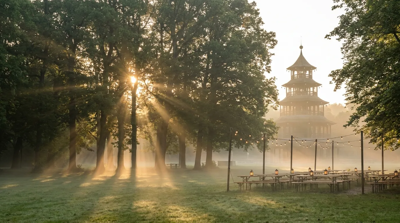 Golden sunrise light streaming through tall trees onto an empty meadow beside wooden beer garden tables, a multi-tiered pagoda tower visible in the misty background, string lights strung between the trees, no people visible