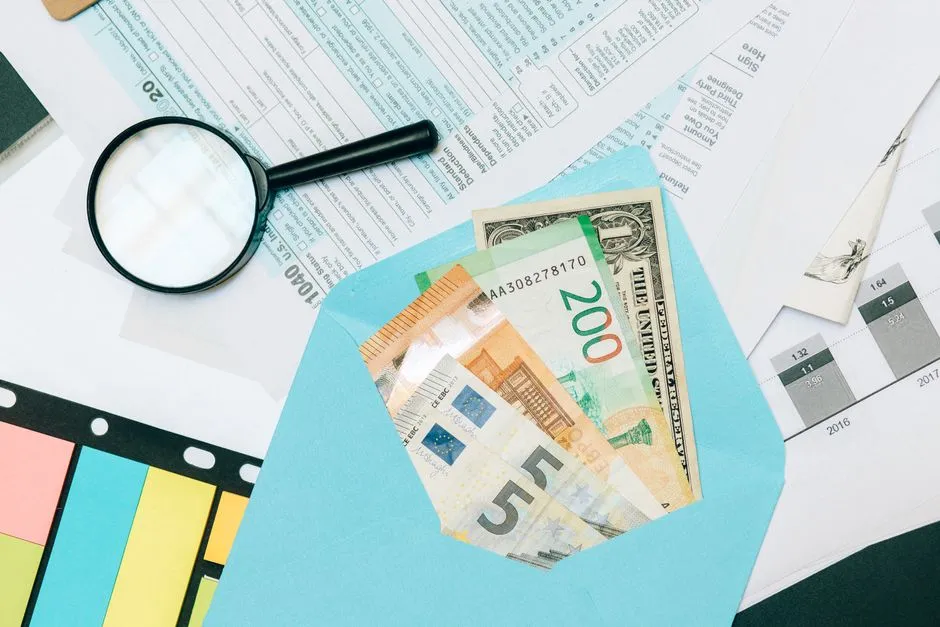 مغلف أزرق سماوي محشو بأوراق نقدية يورو ودولار موضوع فوق أوراق مالية متناثرة وعدسة مكبرة