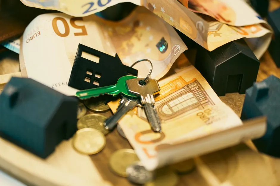 Euro banknotes and coins scattered on a table with a set of keys and small house-shaped keychains