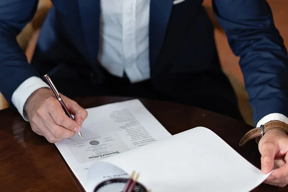 A close-up of a hand signing a printed legal document at a desk, with a second person's arm visible nearby