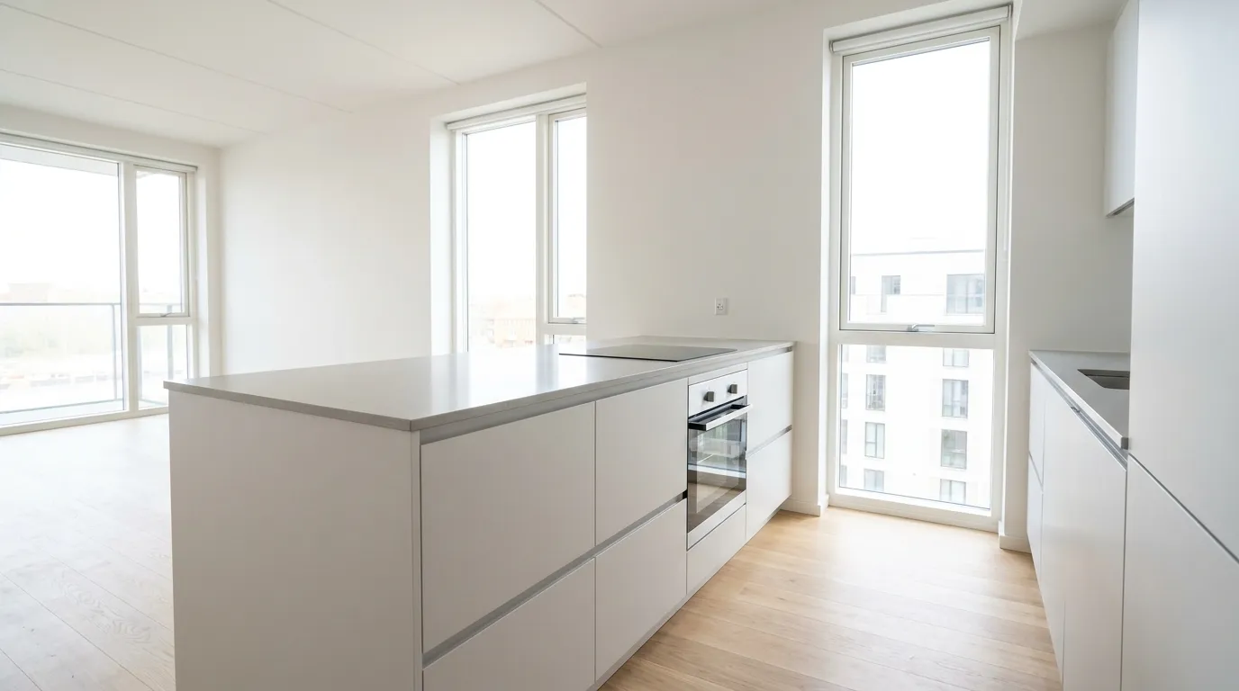 A modern fitted kitchen with built-in cabinets, a stove, and a countertop in a bright rental apartment