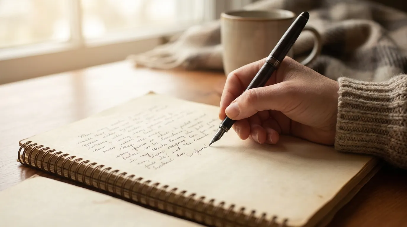 لقطة مقربة ليد تكتب ملاحظات في دفتر حلزوني بقلم حبر، الخط صغير جدا للقراءة، دون وجه ظاهر