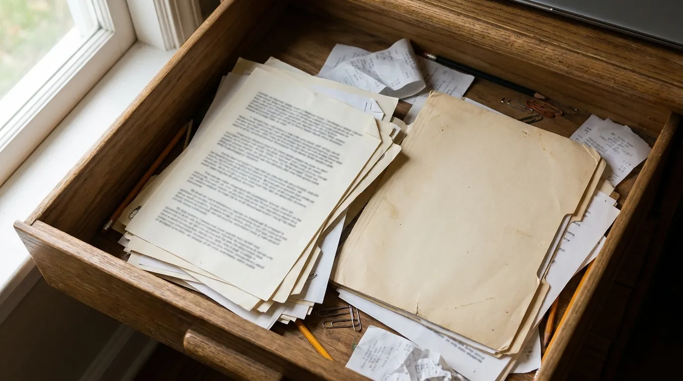 A desk drawer with scattered official-looking papers and an empty document folder, no readable personal data visible