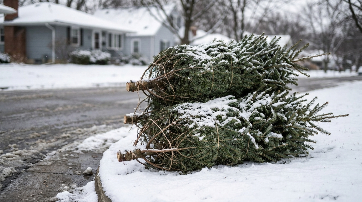 A few bare Christmas trees stacked at an outdoor curbside collection point in a snowy winter street