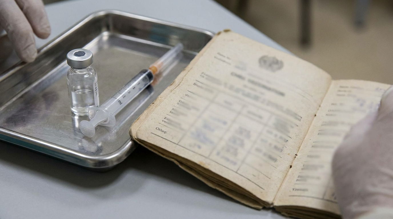 A vaccination vial and syringe on a tray next to a small vaccination record booklet