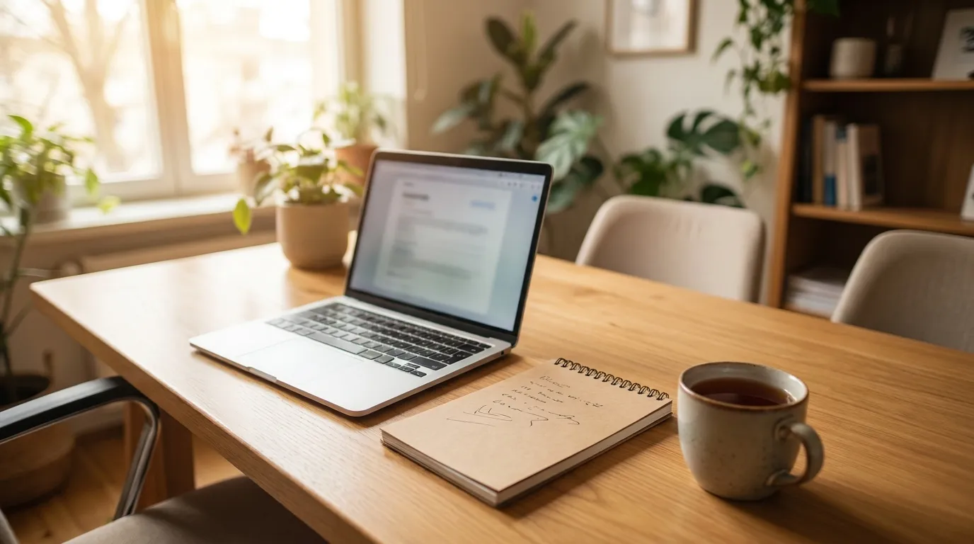 A friendly consultation desk with an open laptop, a notepad, and a cup of tea