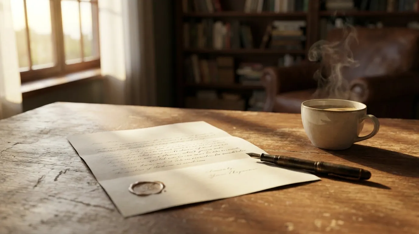 Ein offener, formeller Brief auf einem Schreibtisch neben einem Stift und einer Tasse Kaffee