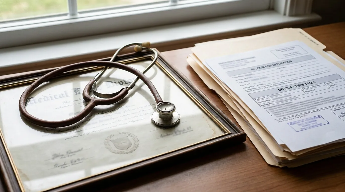 A stethoscope resting on a medical diploma next to a stack of recognition application documents