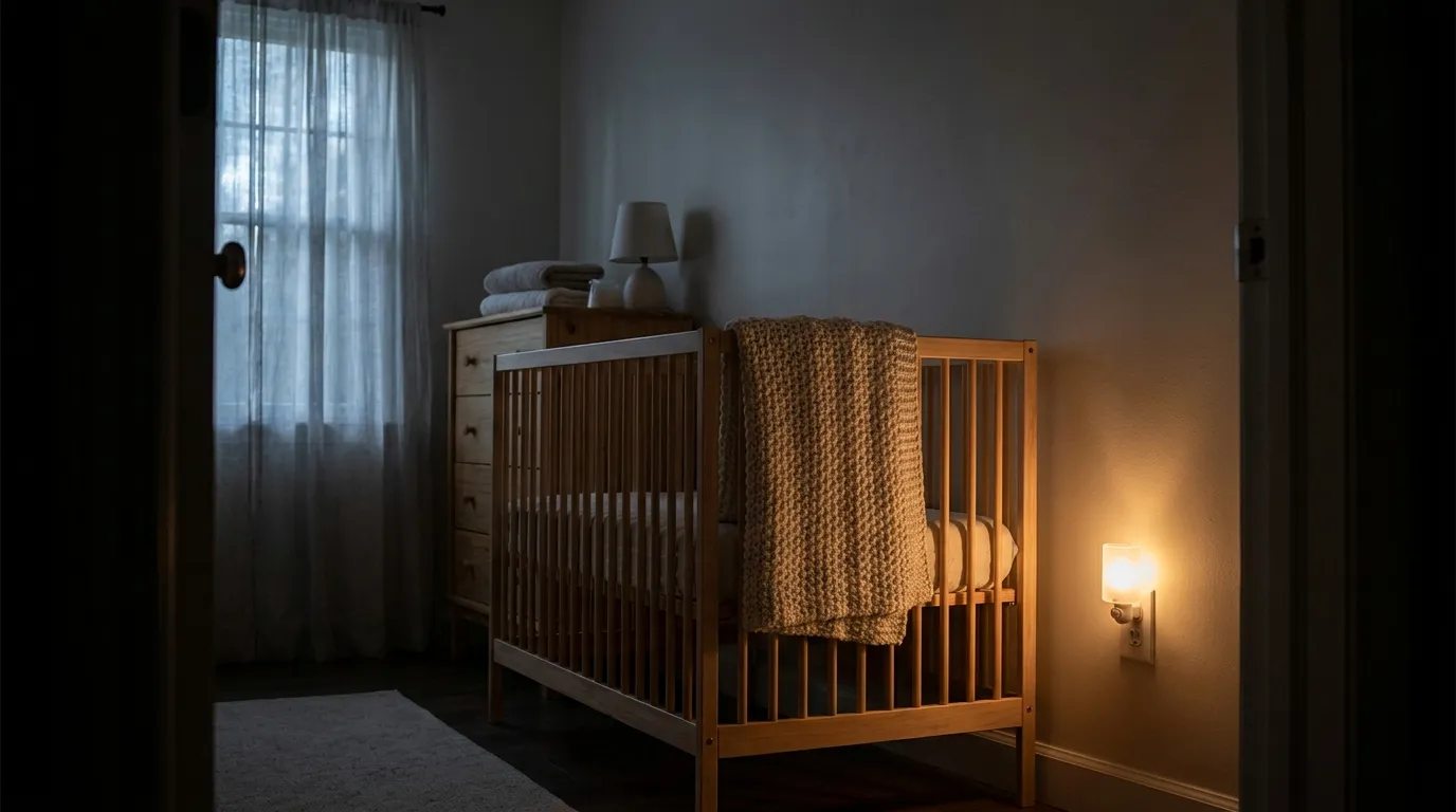 Una habitación infantil tenue y cálidamente iluminada por la noche vista desde una puerta, una cuna de madera vacía con una manta suave sobre la barandilla, una pequeña luz nocturna brillando en una cómoda cercana, luz de luna a través de cortinas finas