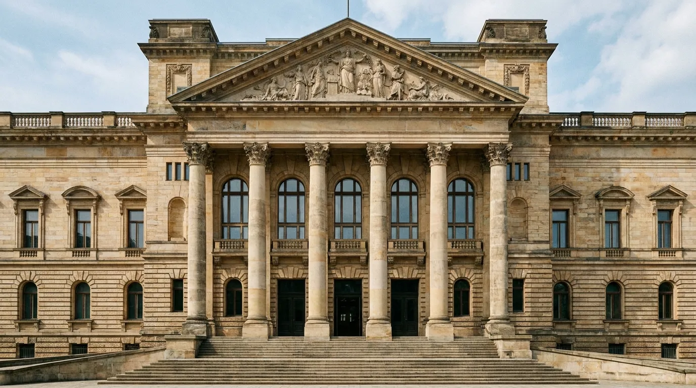 Außenansicht eines neoklassizistischen deutschen Verwaltungsgerichtsgebäudes
