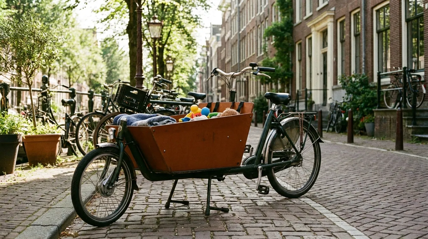 Ein Lastenrad mit vorderer Transportbox für Kinder, geparkt auf einer gepflasterten Straße