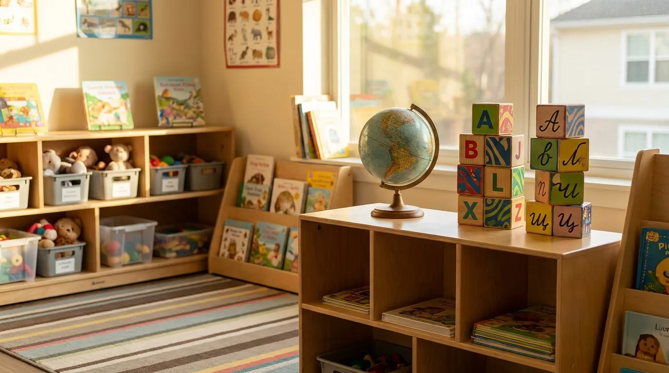 A colorful preschool classroom corner with alphabet blocks and a small globe