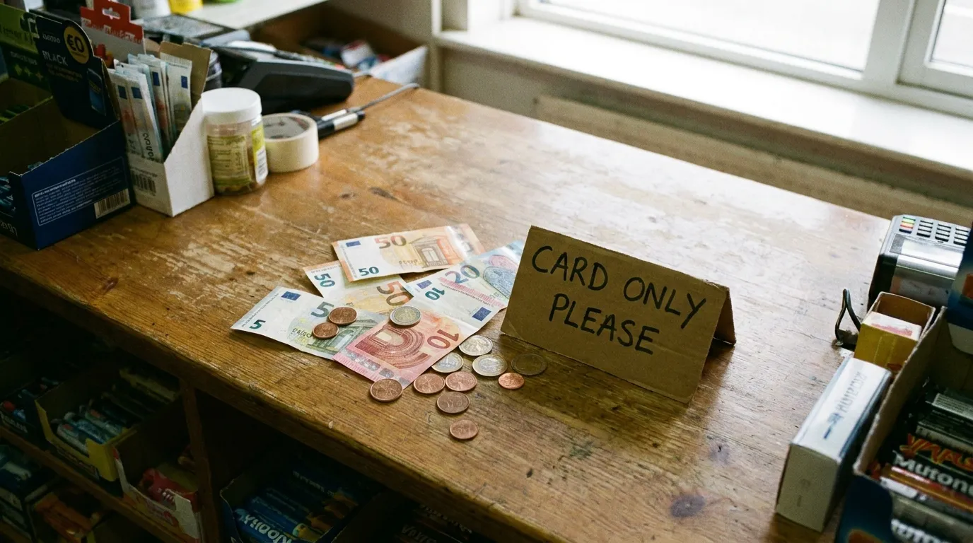 Euro banknotes and coins resting on a shop counter beside a small handwritten card-only sign