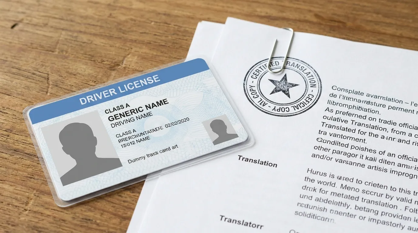 Eine allgemeine Führerscheinkarte neben ausgedruckten, übersetzten Dokumentseiten und einem runden Beglaubigungsstempel