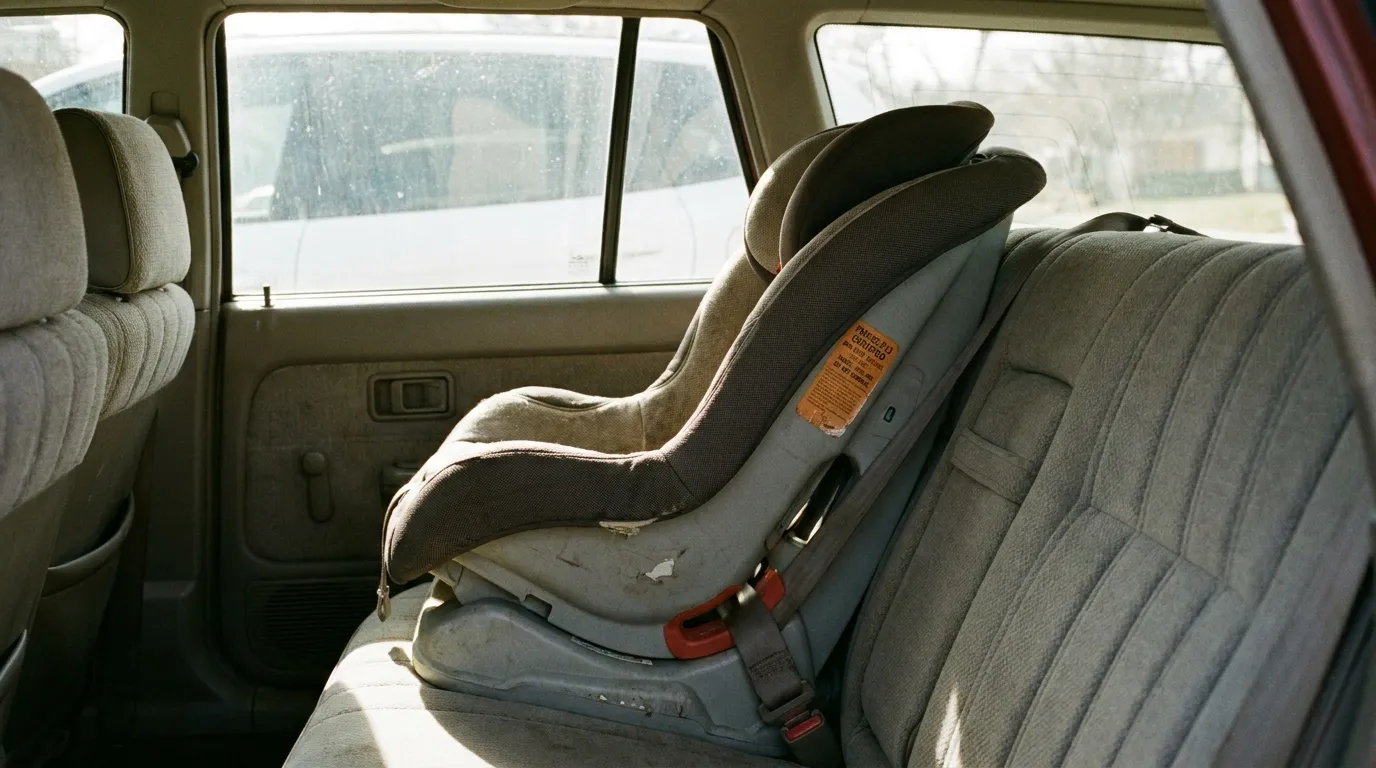 Una silla infantil de coche instalada en el asiento trasero de un coche con su etiqueta de certificación visible