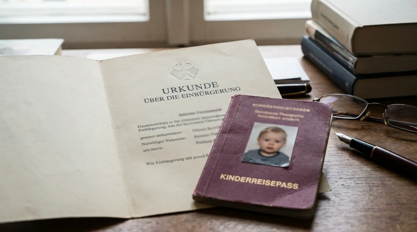 A German naturalization certificate and a child's passport resting together on a desk next to a pen