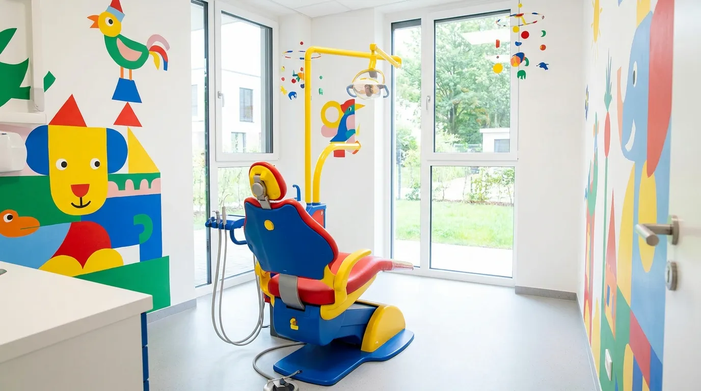 A small, brightly colored pediatric dental treatment chair in an otherwise empty, cheerful dental clinic room, no people visible