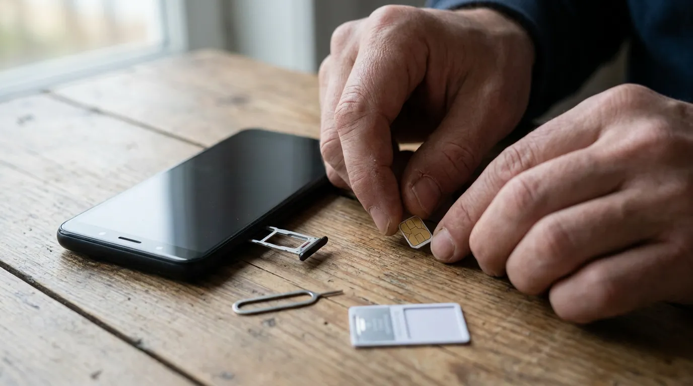 Смартфон с открытым лотком для SIM-карты и небольшой SIM-картой, положенной рядом