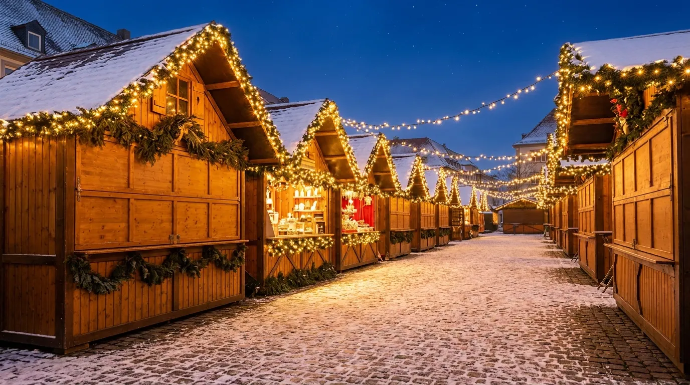 Hölzerne Weihnachtsmarktstände mit warmen Lichterketten und Schnee bei Dämmerung, menschenleer