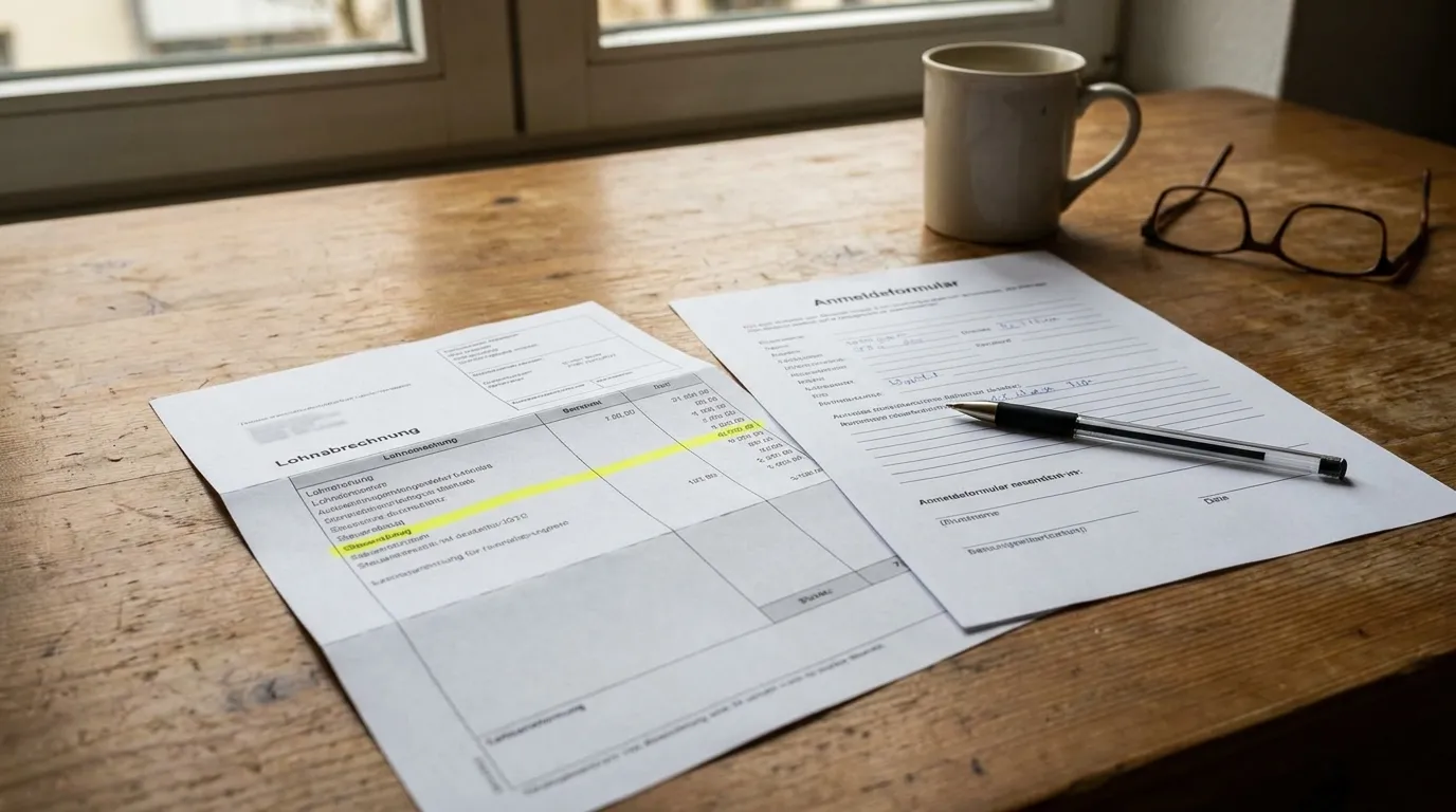 A German payslip document with a highlighted tax deduction line next to a registration form and a pen