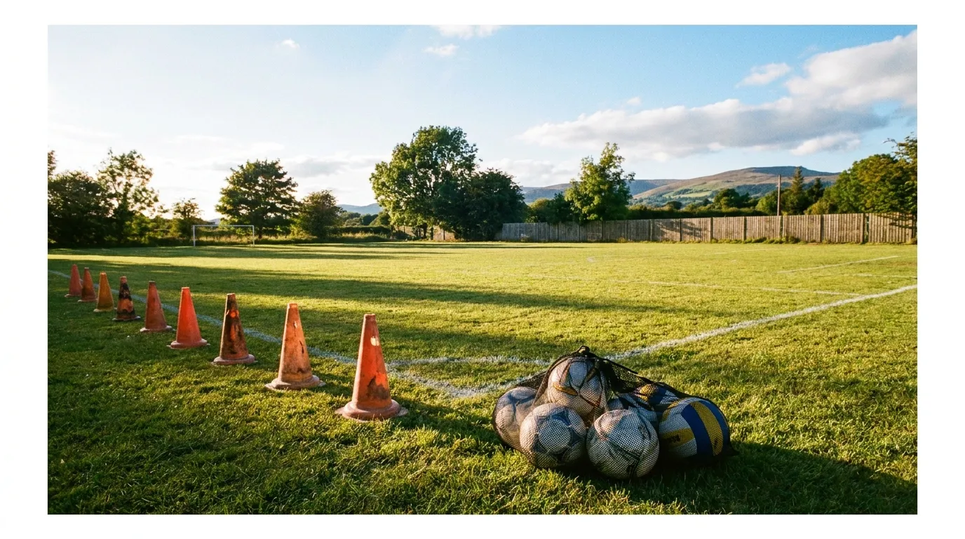 An empty grass sports field with faded white line markings, a row of orange training cones along the edge, and a mesh bag of colorful balls resting on the grass in summer daylight