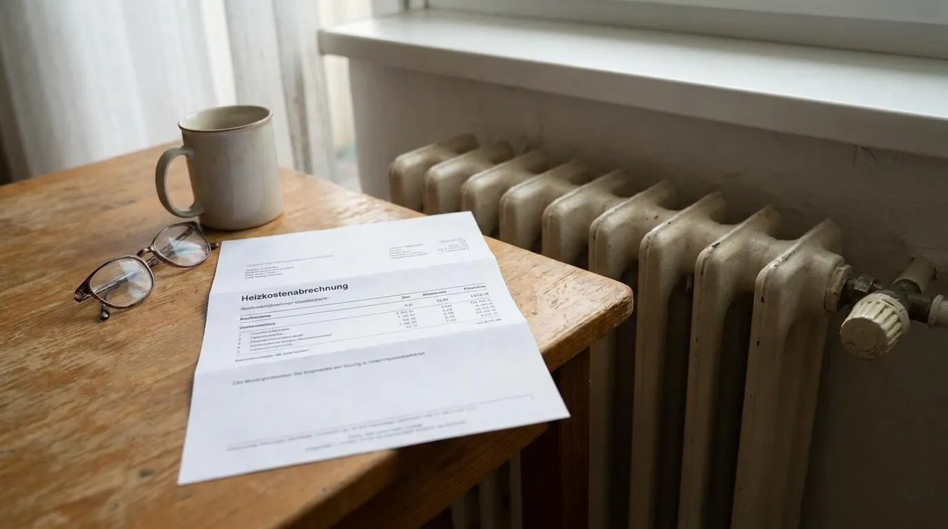 A German heating cost statement document resting on a table next to a radiator