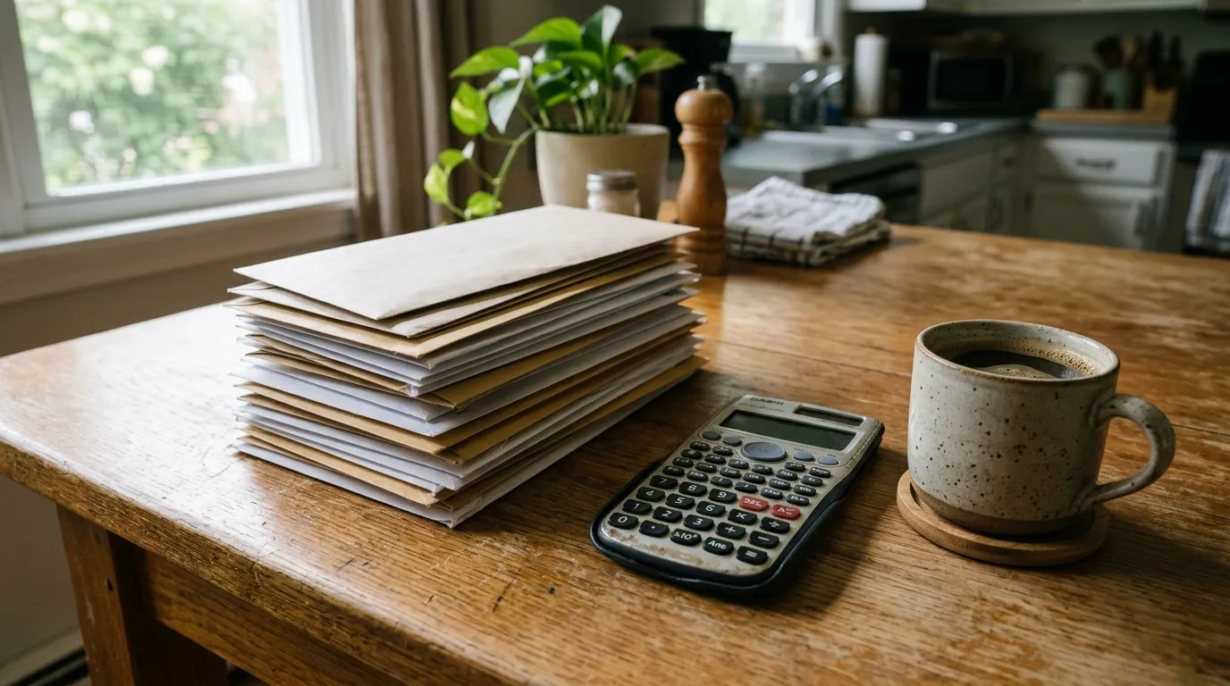 Una pila de sobres de aspecto oficial y cartas sin abrir sobre una mesa de cocina junto a una calculadora